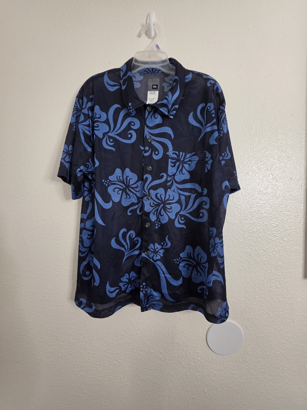 Quiksilver Mens Large Mesh Hawaiian Floral Aloha Button Shirt Blue Large